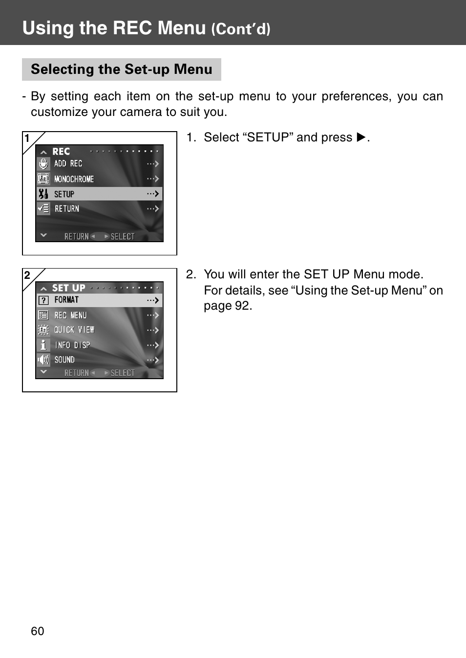 Selecting the set-up menu, Using the rec menu, Cont’d) | Konica Minolta Digital Revio KD-500Z User Manual | Page 60 / 125