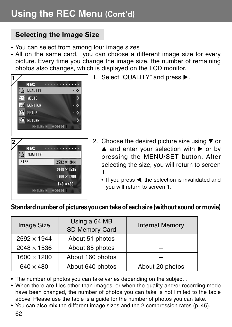 Selecting the image size, Using the rec menu, Cont’d) | Konica Minolta Digital Revio KD-500Z User Manual | Page 62 / 125