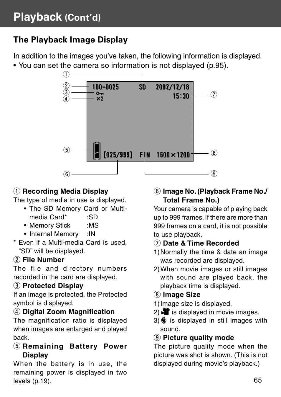 Playback, Cont’d), The playback image display | Konica Minolta Digital Revio KD-500Z User Manual | Page 65 / 125