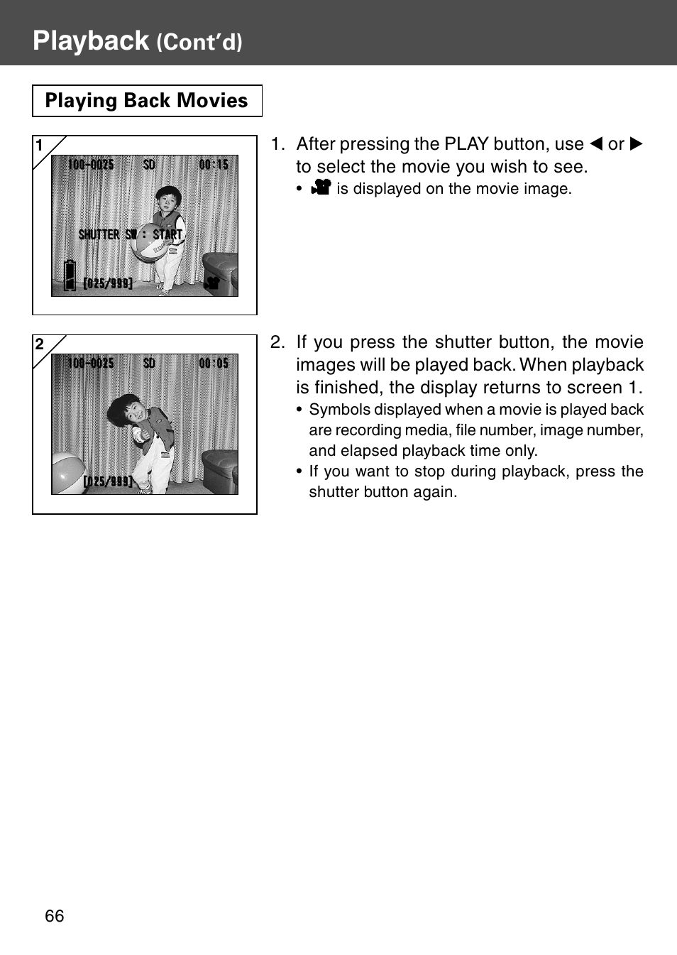 Playing back movies, Playback, Cont’d) | Konica Minolta Digital Revio KD-500Z User Manual | Page 66 / 125