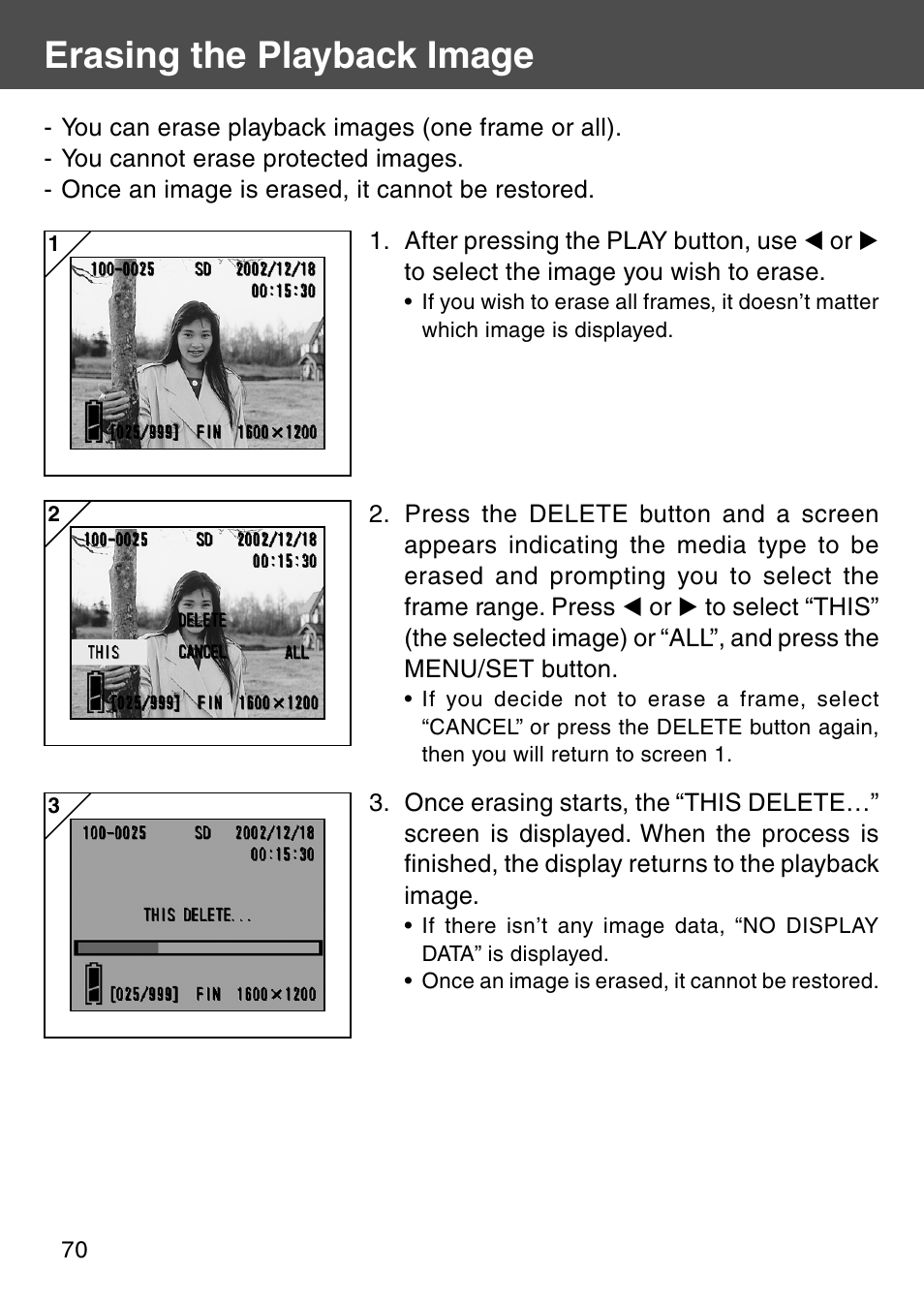 Erasing the playback image | Konica Minolta Digital Revio KD-500Z User Manual | Page 70 / 125