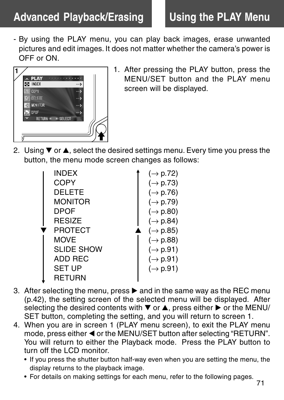 Advanced playback/erasing, Using the play menu, Using the play menu advanced playback/erasing | Konica Minolta Digital Revio KD-500Z User Manual | Page 71 / 125