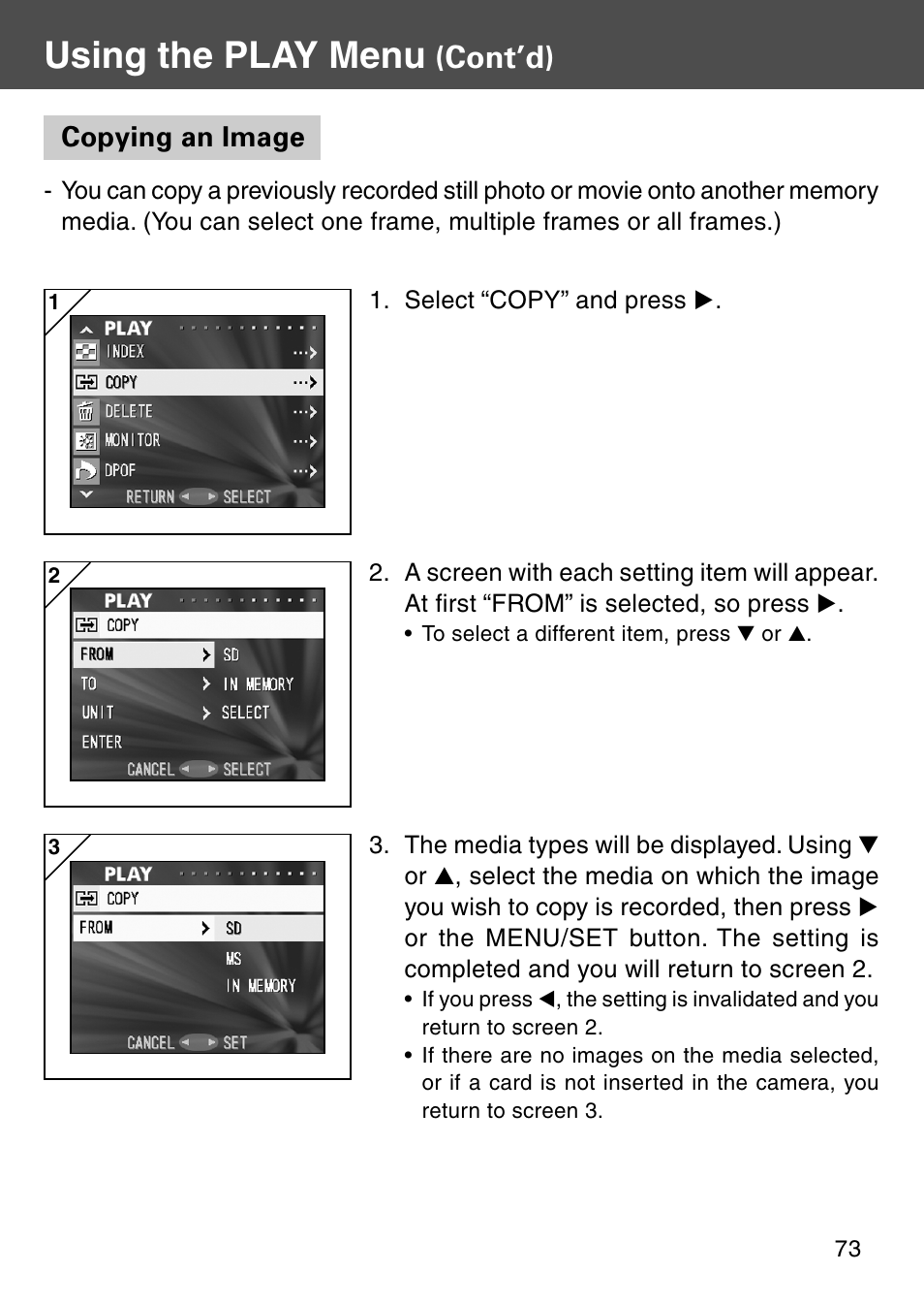 Copying an image, Using the play menu, Cont’d) | Konica Minolta Digital Revio KD-500Z User Manual | Page 73 / 125