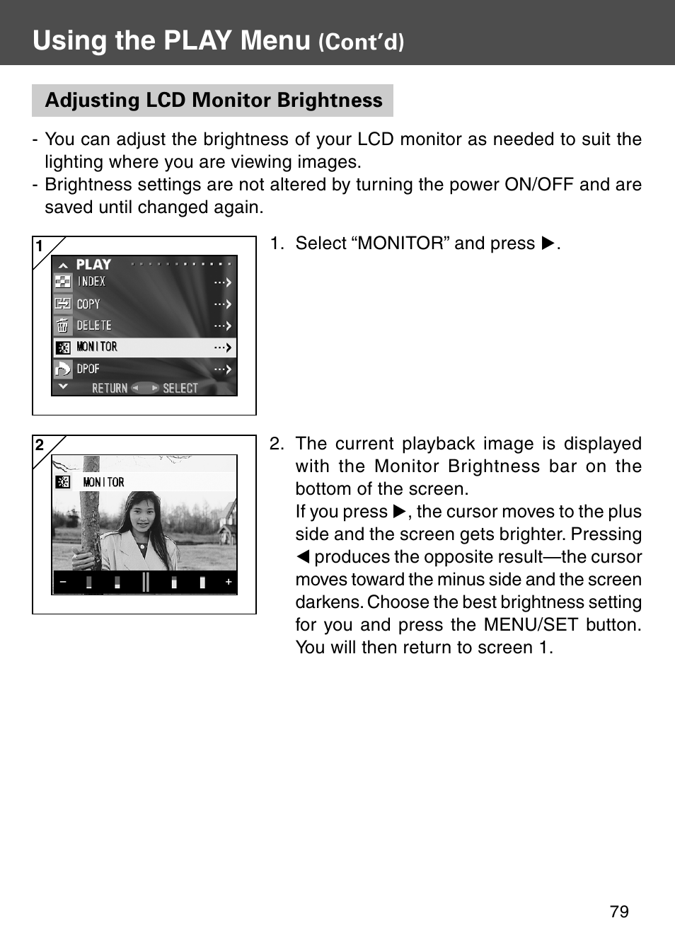 Adjusting lcd monitor brightness, Using the play menu, Cont’d) | Konica Minolta Digital Revio KD-500Z User Manual | Page 79 / 125