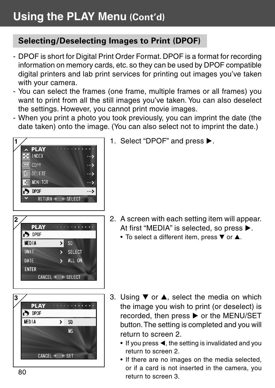 Selecting/deselecting images to print (dpof), Using the play menu, Cont’d) | Konica Minolta Digital Revio KD-500Z User Manual | Page 80 / 125