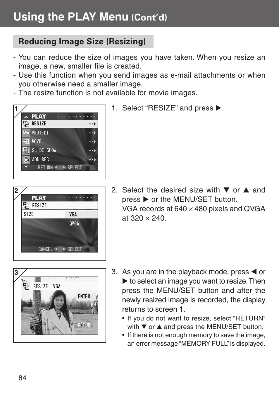 Reducing image size (resizing), Using the play menu, Cont’d) | Konica Minolta Digital Revio KD-500Z User Manual | Page 84 / 125