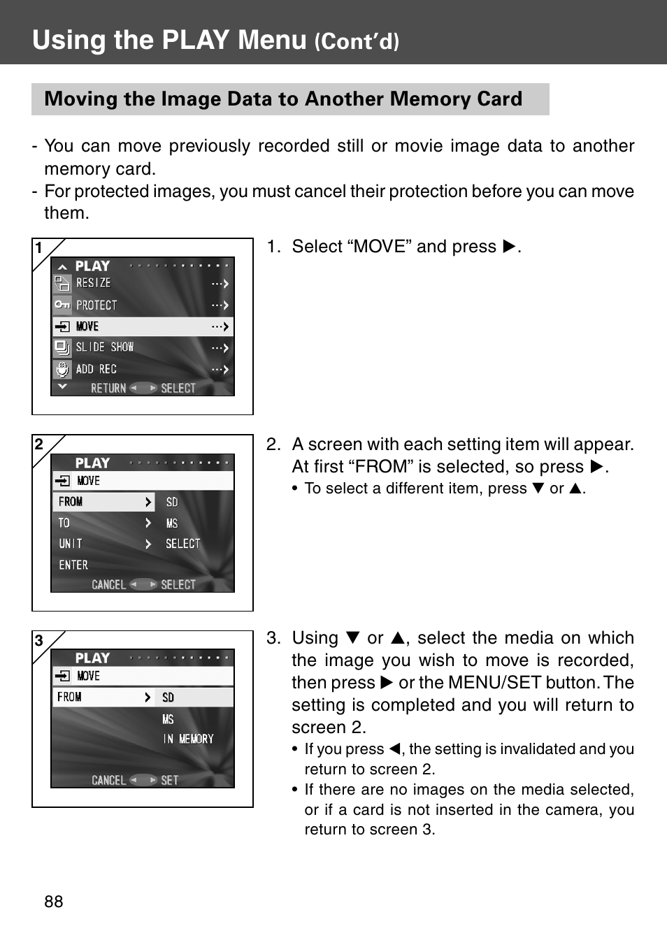Moving the image data to another memory card, Using the play menu, Cont’d) | Konica Minolta Digital Revio KD-500Z User Manual | Page 88 / 125