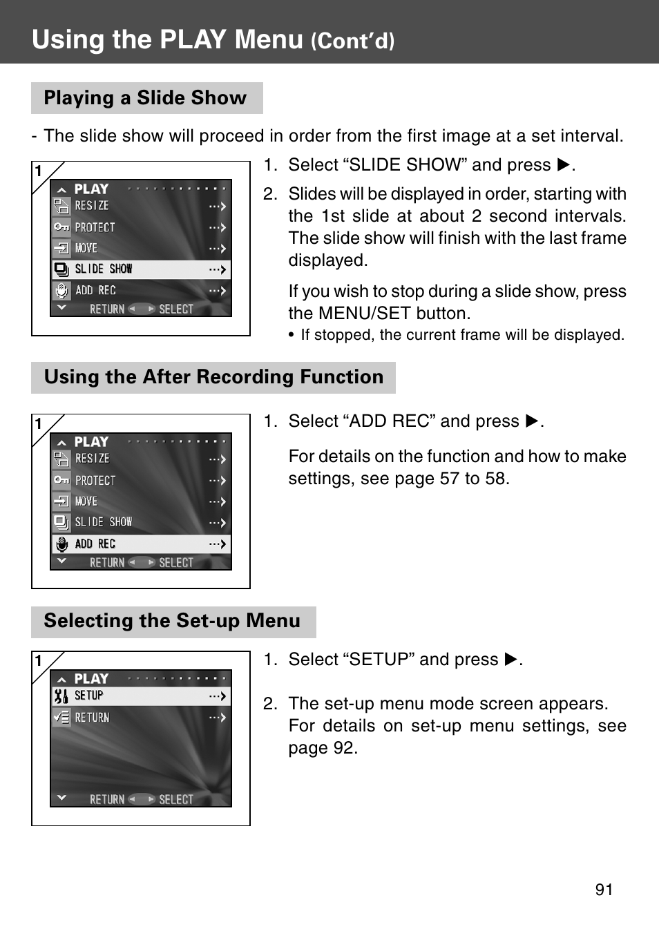 Playing a slide show, Using the after recording function, Selecting the set-up menu | Using the play menu, Cont’d) | Konica Minolta Digital Revio KD-500Z User Manual | Page 91 / 125