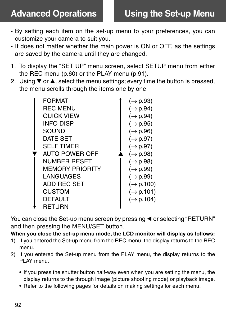 Advanced operations, Using the set-up menu, Using the set-up menu advanced operations | Konica Minolta Digital Revio KD-500Z User Manual | Page 92 / 125