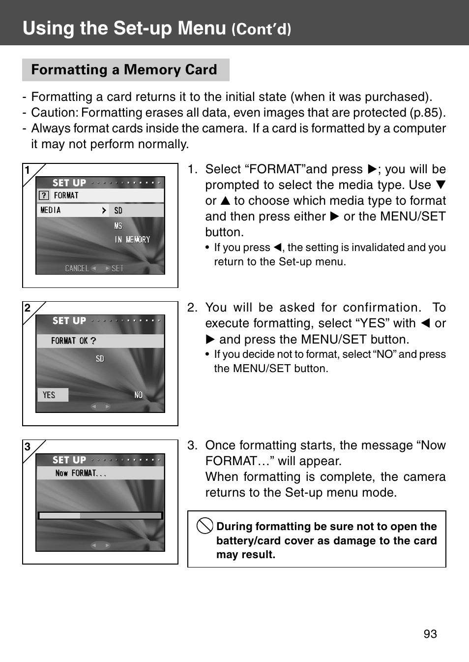 Formatting a memory card, Using the set-up menu, Cont’d) | Konica Minolta Digital Revio KD-500Z User Manual | Page 93 / 125