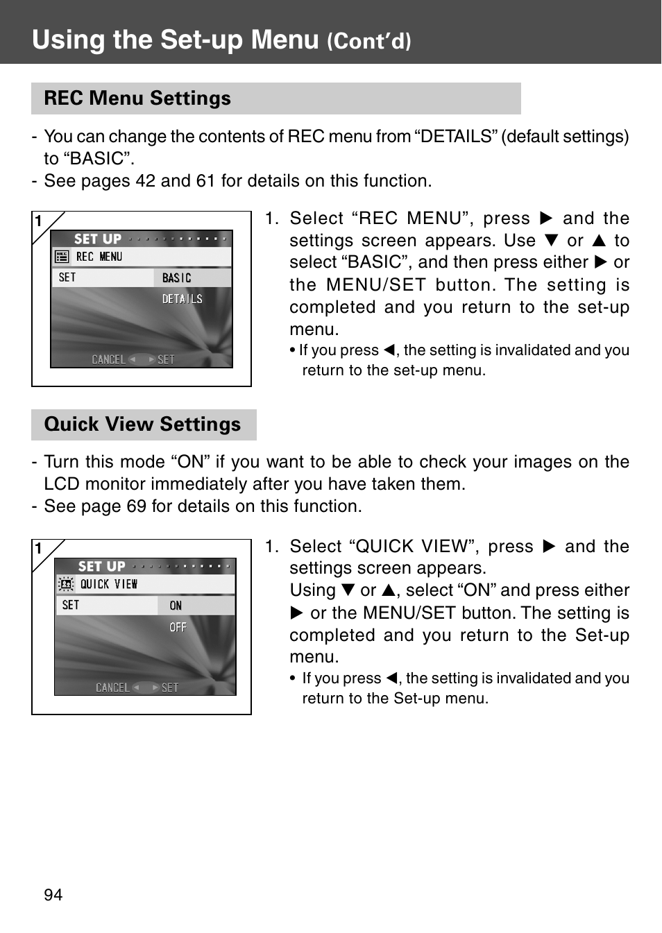 Rec menu settings, Quick view settings, Rec menu settings quick view settings | Using the set-up menu, Cont’d) | Konica Minolta Digital Revio KD-500Z User Manual | Page 94 / 125