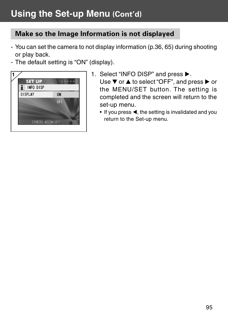 Make so the image information is not displayed, Using the set-up menu, Cont’d) | Konica Minolta Digital Revio KD-500Z User Manual | Page 95 / 125