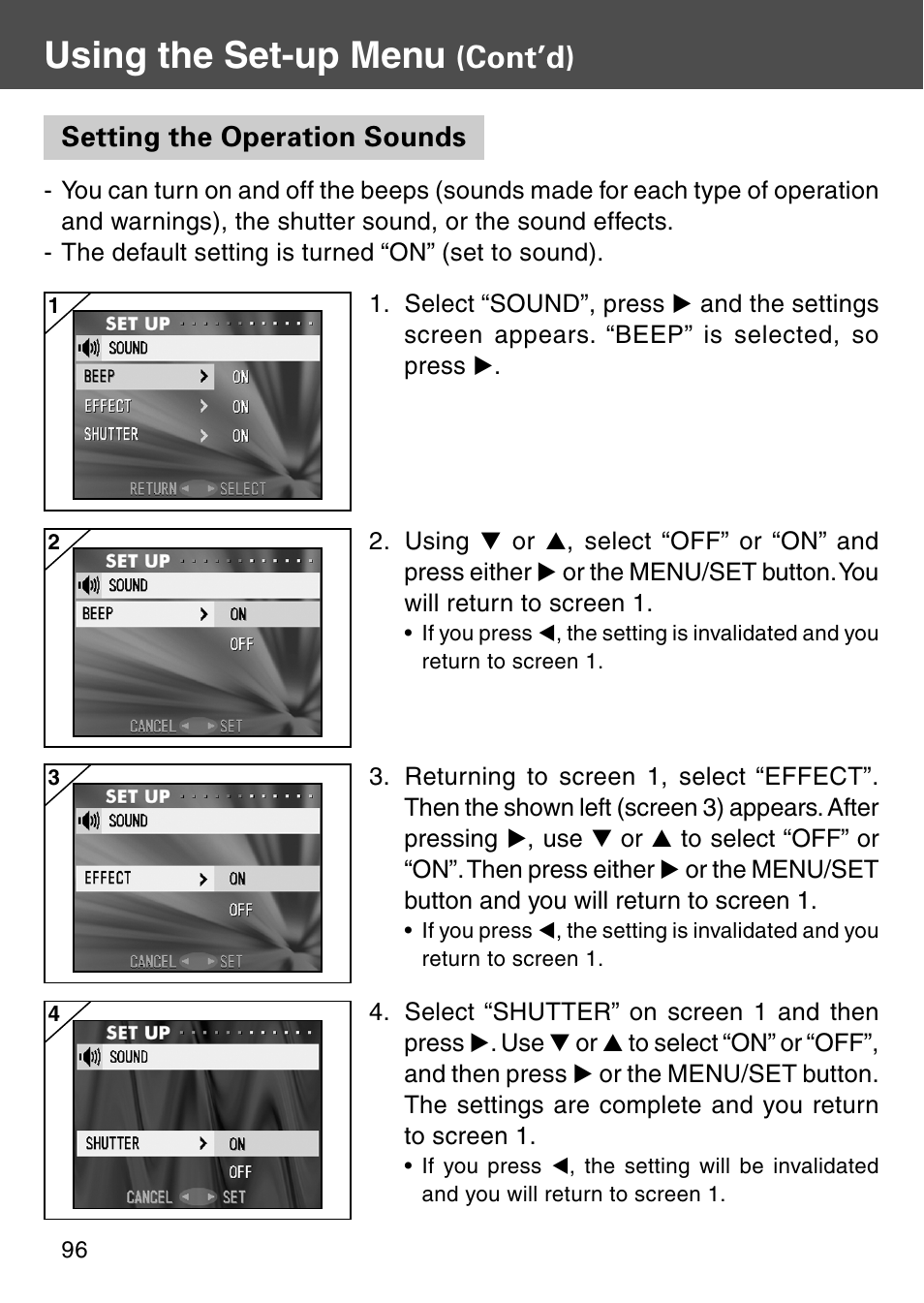 Setting the operation sounds, Using the set-up menu, Cont’d) | Konica Minolta Digital Revio KD-500Z User Manual | Page 96 / 125