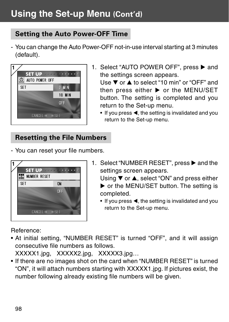 Setting the auto power-off time, Resetting the file numbers, Using the set-up menu | Cont’d) | Konica Minolta Digital Revio KD-500Z User Manual | Page 98 / 125