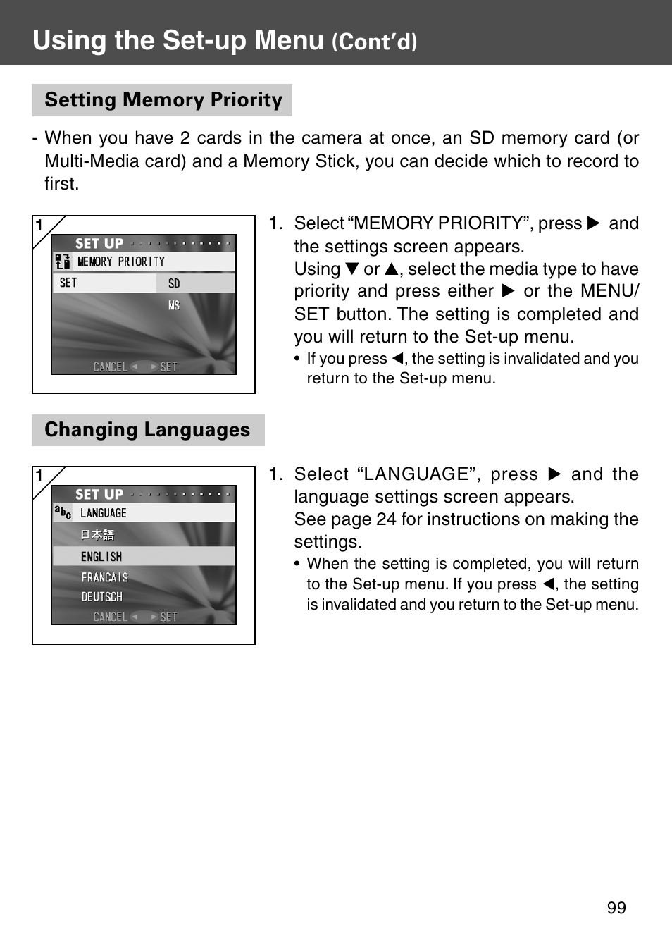 Setting memory priority, Changing languages, Setting memory priority changing languages | Using the set-up menu, Cont’d) | Konica Minolta Digital Revio KD-500Z User Manual | Page 99 / 125