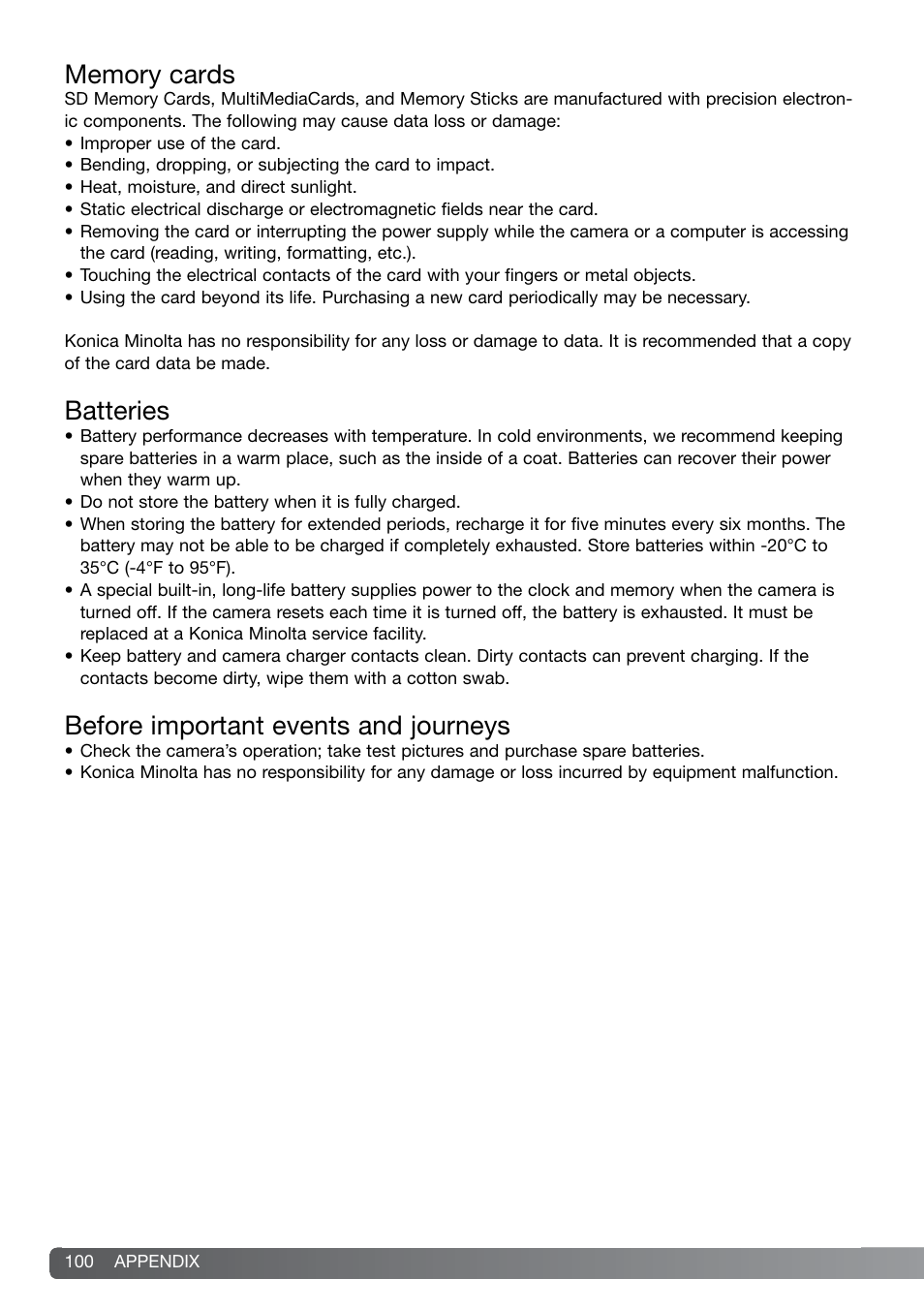 Batteries, Before important events and journeys | Konica Minolta G600 User Manual | Page 100 / 104
