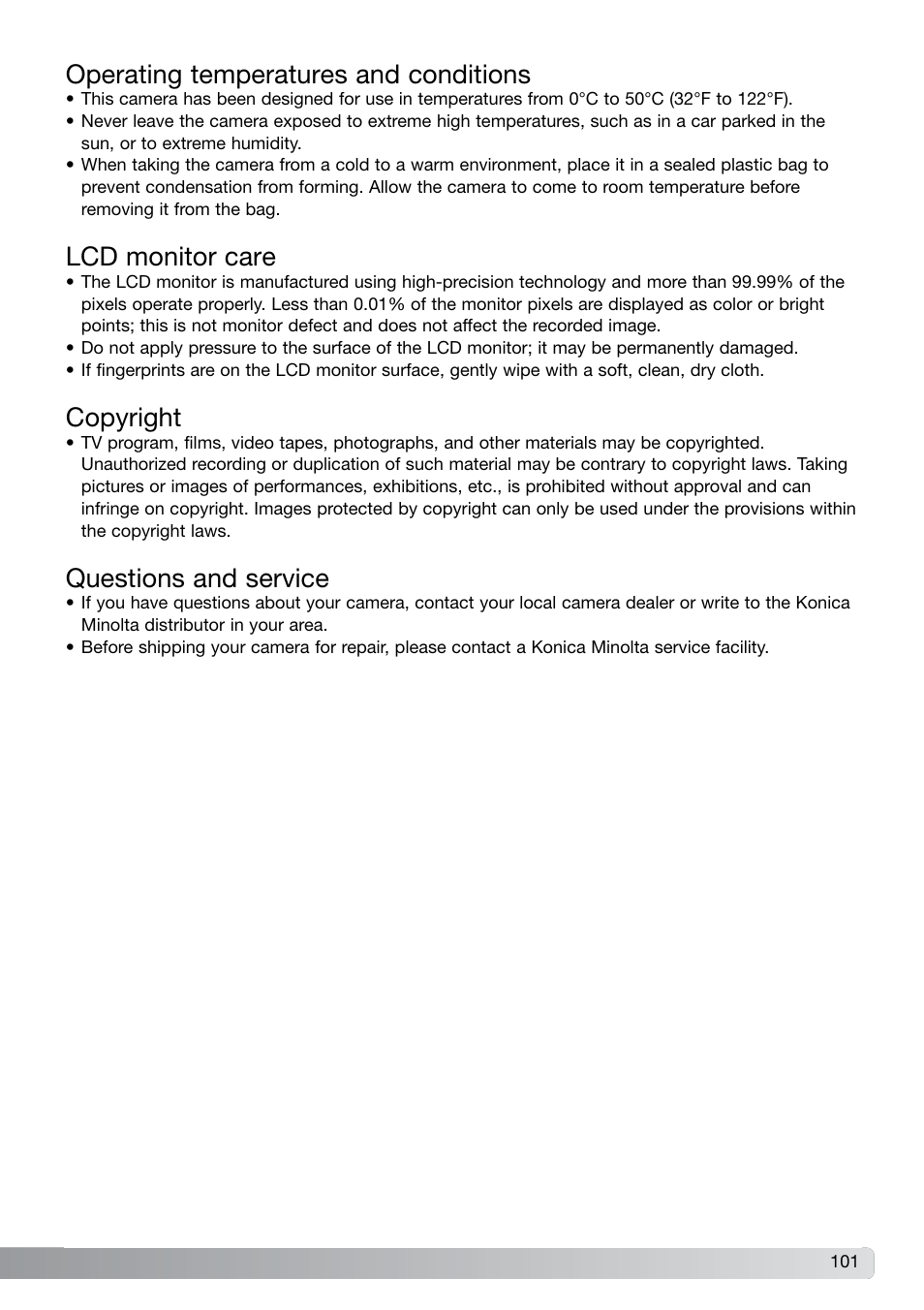 Operating temperatures and conditions, Lcd monitor care, Copyright | Questions and service | Konica Minolta G600 User Manual | Page 101 / 104