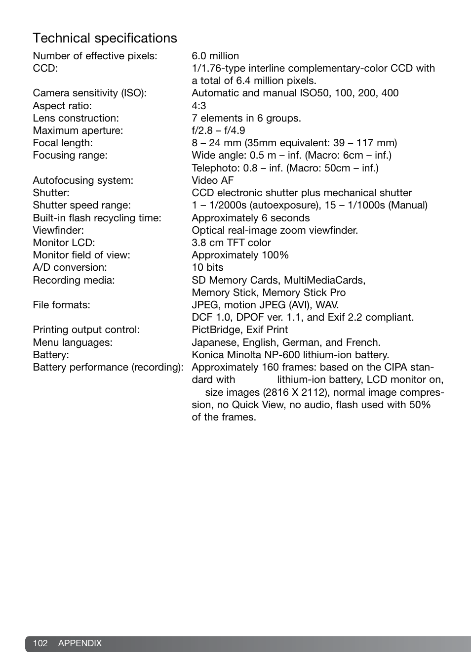 Technical specifications | Konica Minolta G600 User Manual | Page 102 / 104