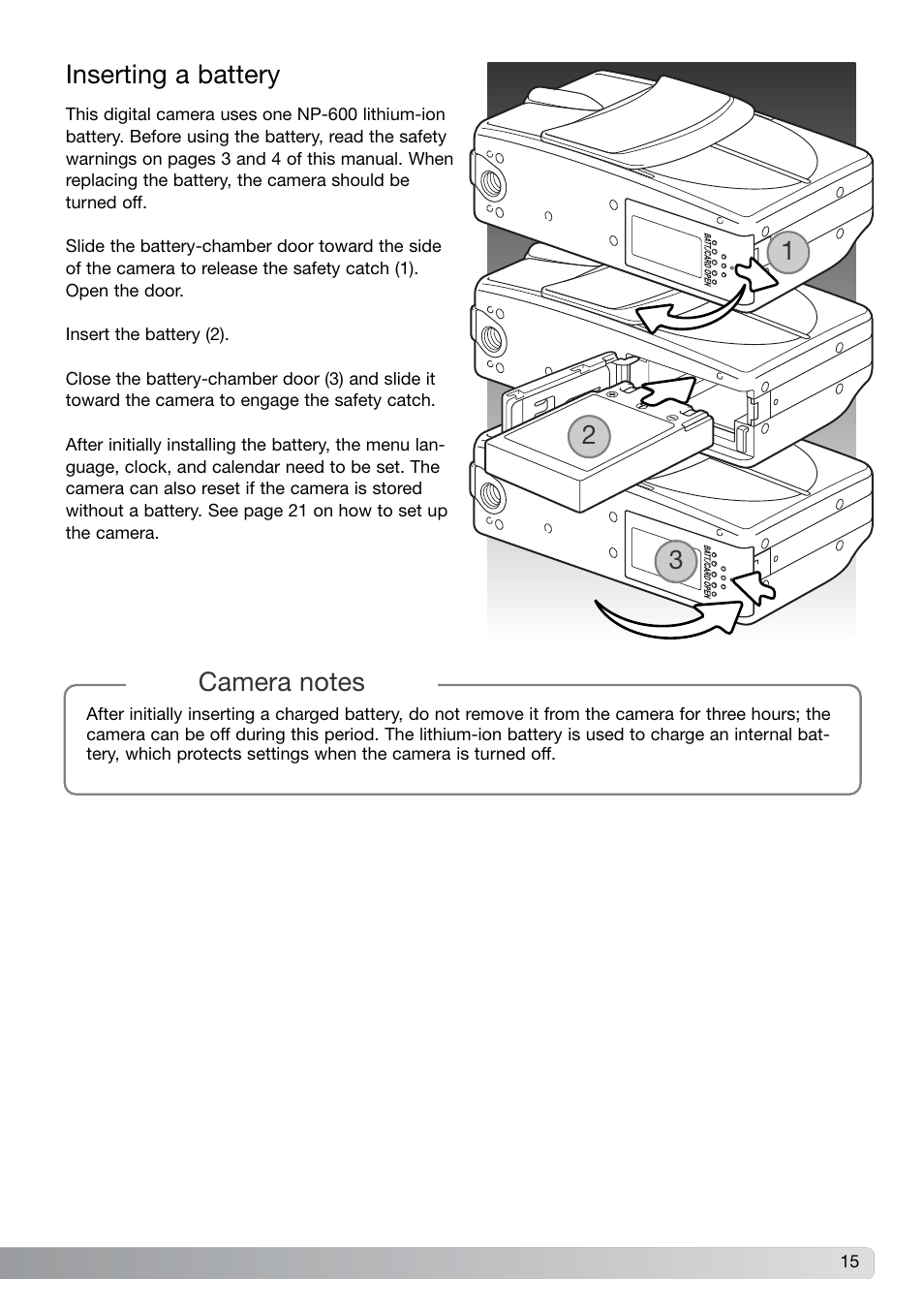 Inserting a battery | Konica Minolta G600 User Manual | Page 15 / 104