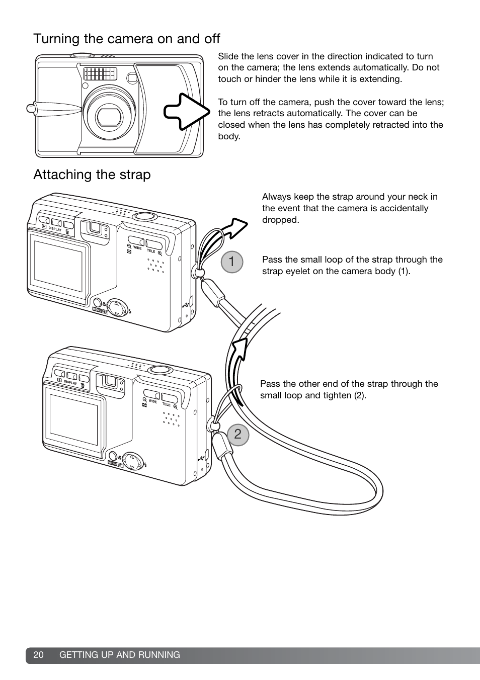 Turning the camera on and off attaching the strap, Turning the camera on and off, Attaching the strap | Konica Minolta G600 User Manual | Page 20 / 104