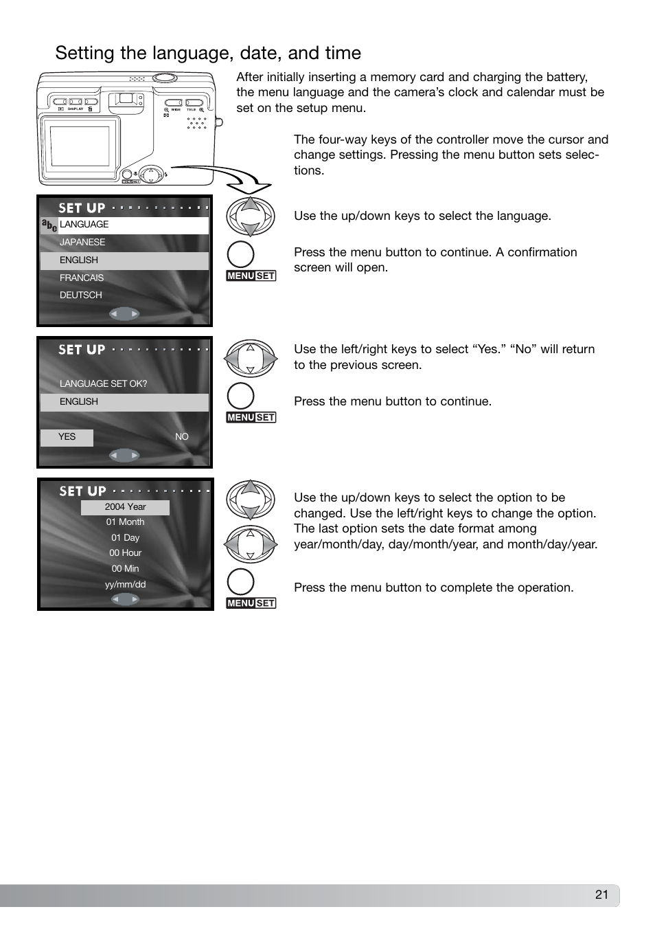 Setting the language, date, and time | Konica Minolta G600 User Manual | Page 21 / 104