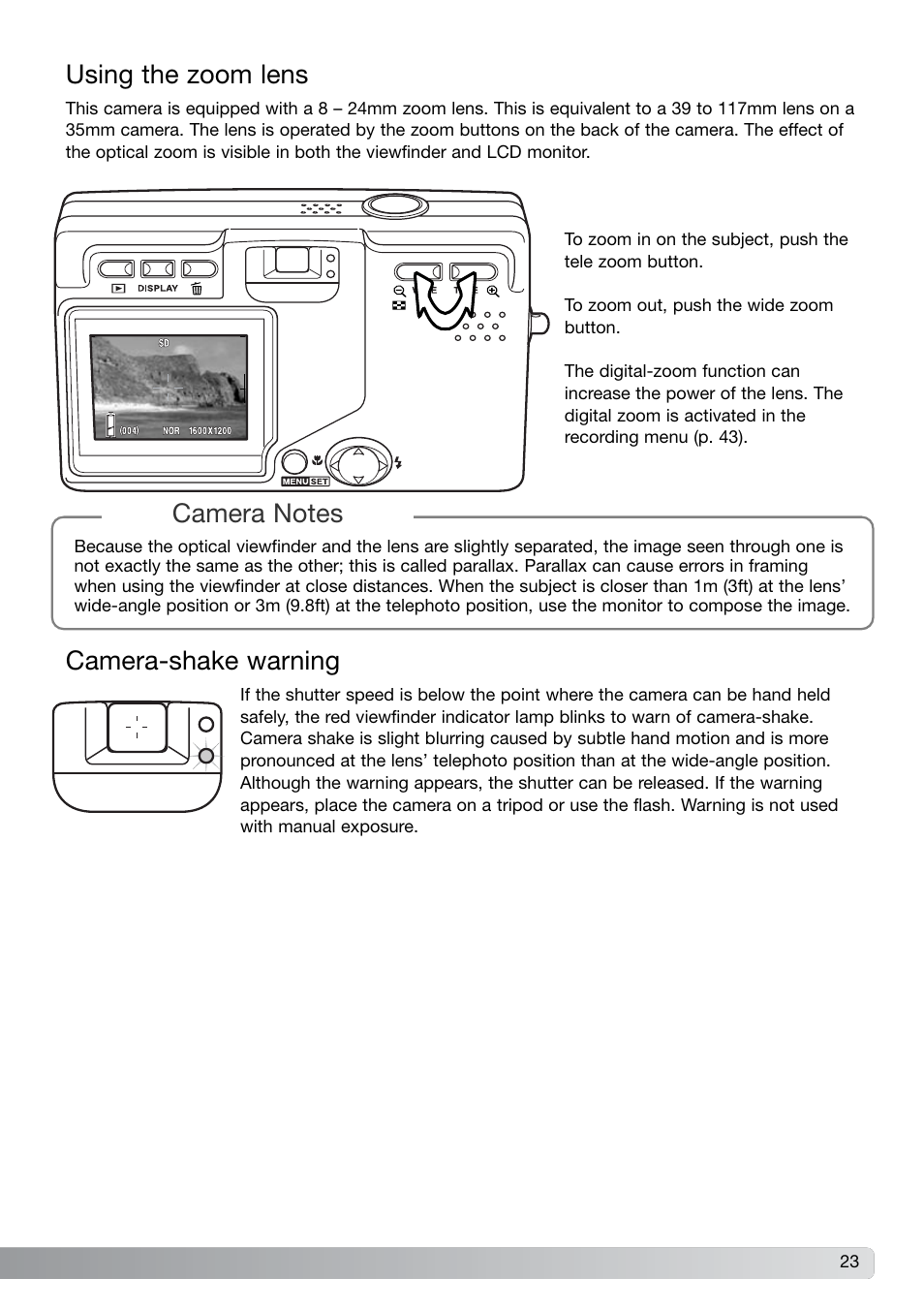 Using the zoom lens camera-shake warning, Using the zoom lens, Camera-shake warning | Konica Minolta G600 User Manual | Page 23 / 104