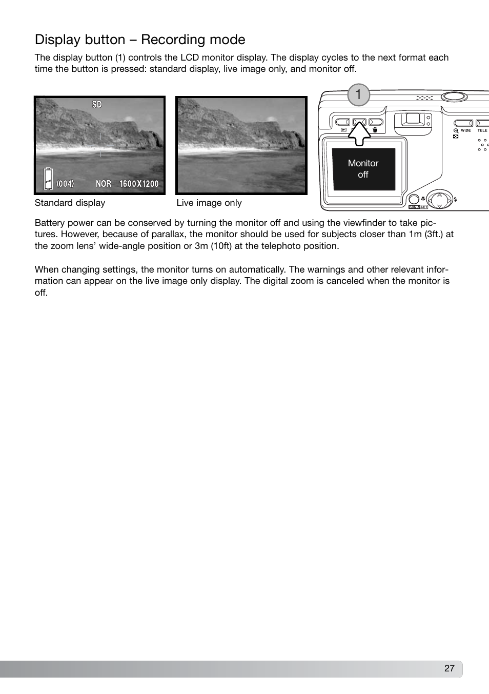 Display button – recording mode | Konica Minolta G600 User Manual | Page 27 / 104