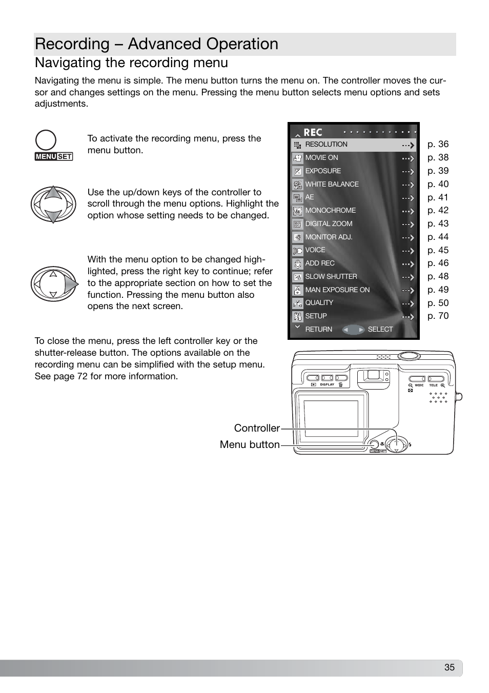 Recording – advanced operation, Navigating the recording menu | Konica Minolta G600 User Manual | Page 35 / 104