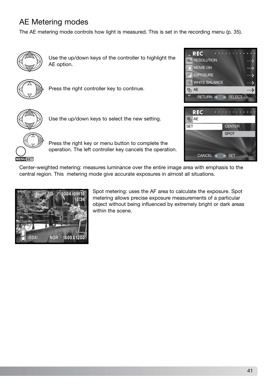 Ae metering modes | Konica Minolta G600 User Manual | Page 41 / 104
