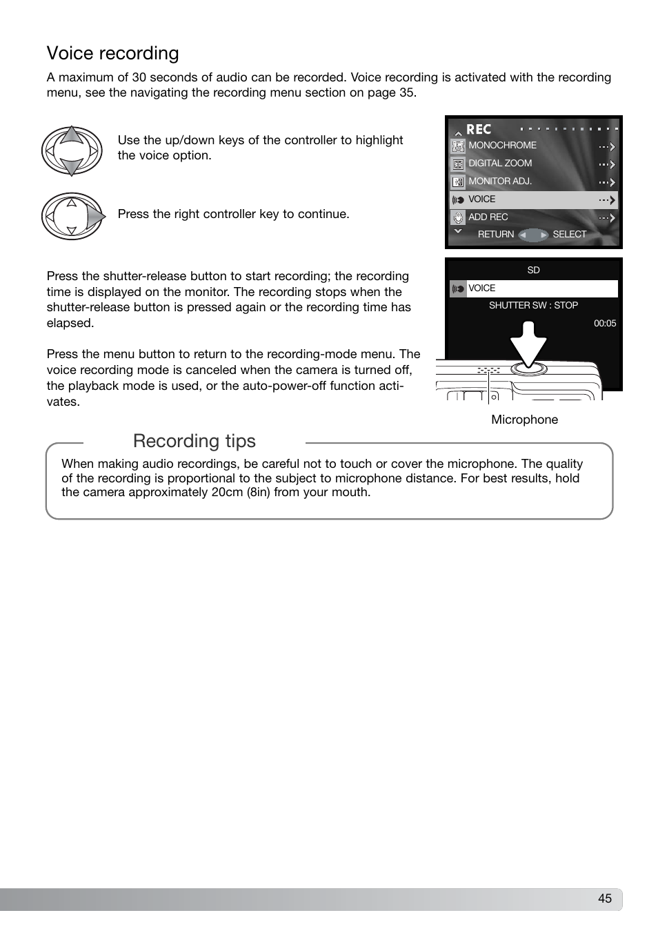 Voice recording, Recording tips | Konica Minolta G600 User Manual | Page 45 / 104