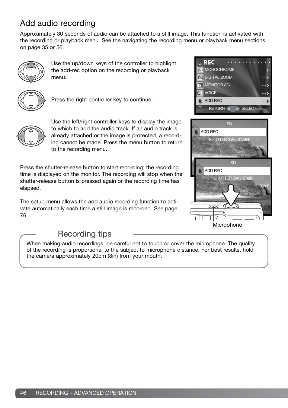 Add audio recording, Recording tips | Konica Minolta G600 User Manual | Page 46 / 104