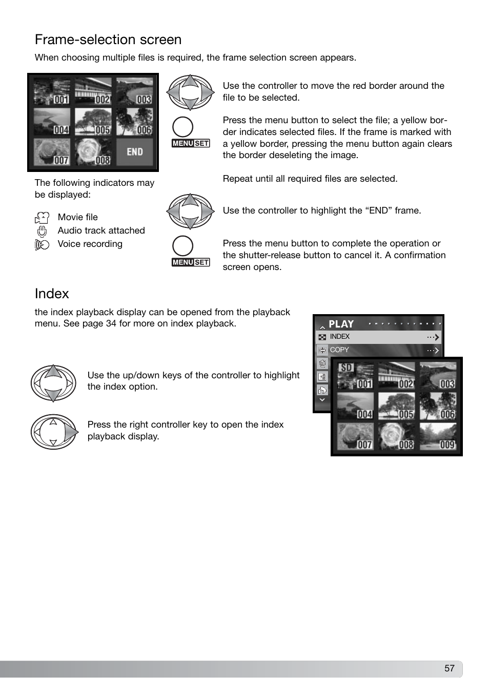 Frame-selection screen index, Frame-selection screen, Index | Konica Minolta G600 User Manual | Page 57 / 104