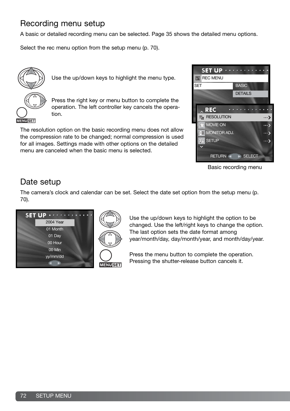 Recording menu setup date setup, Recording menu setup, Date setup | Konica Minolta G600 User Manual | Page 72 / 104