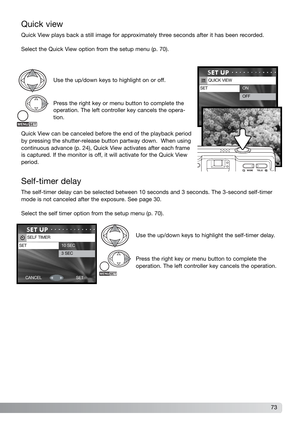 Quick view self-timer delay, Quick view, Self-timer delay | Konica Minolta G600 User Manual | Page 73 / 104