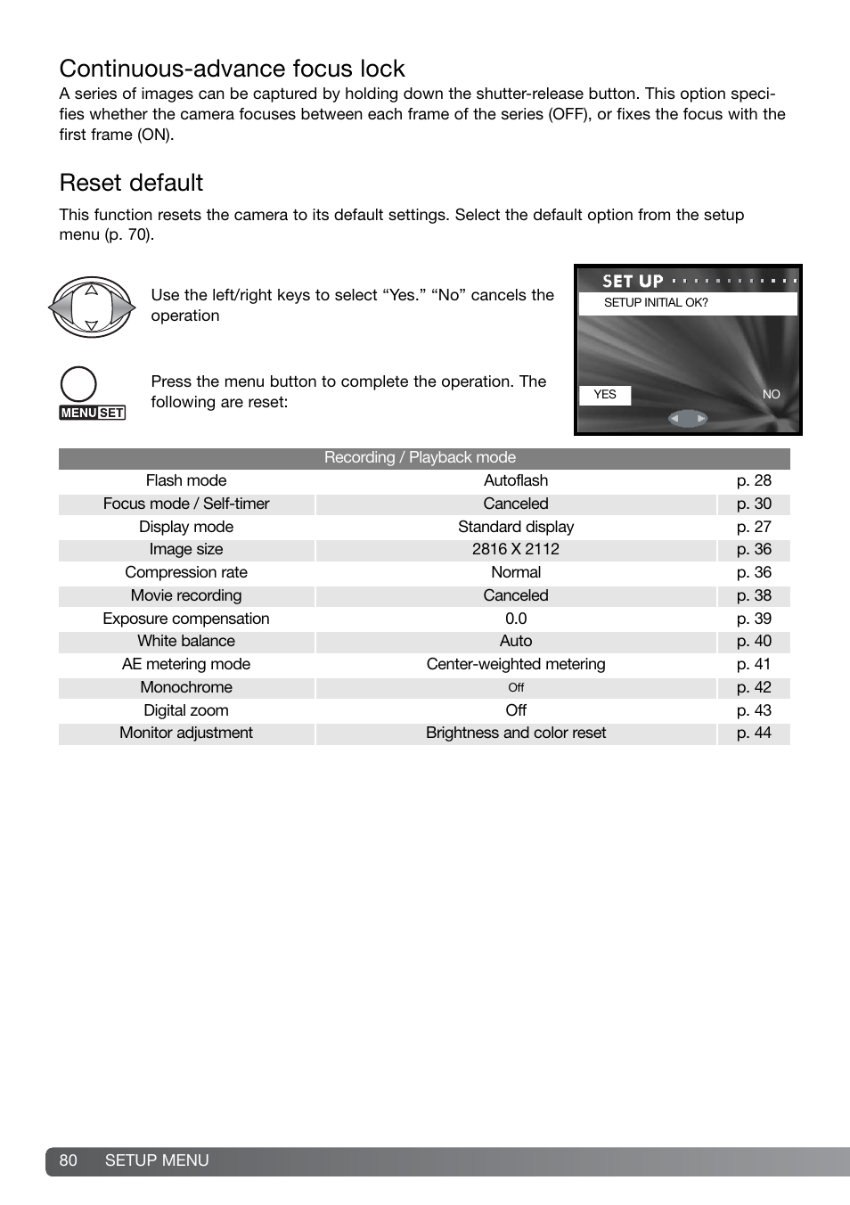 Continuous-advance focus lock, Reset default | Konica Minolta G600 User Manual | Page 80 / 104
