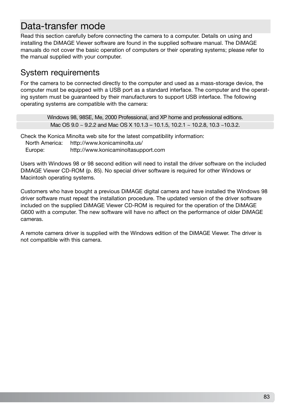 Data-transfer mode, System requirements | Konica Minolta G600 User Manual | Page 83 / 104