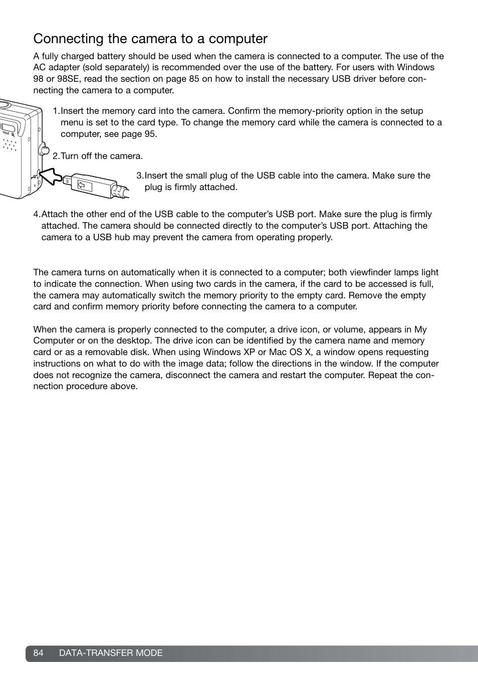 Connecting the camera to a computer | Konica Minolta G600 User Manual | Page 84 / 104