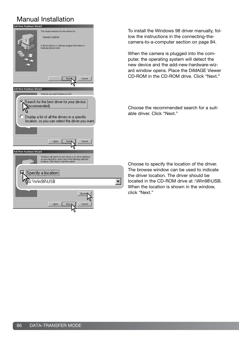 Manual installation | Konica Minolta G600 User Manual | Page 86 / 104