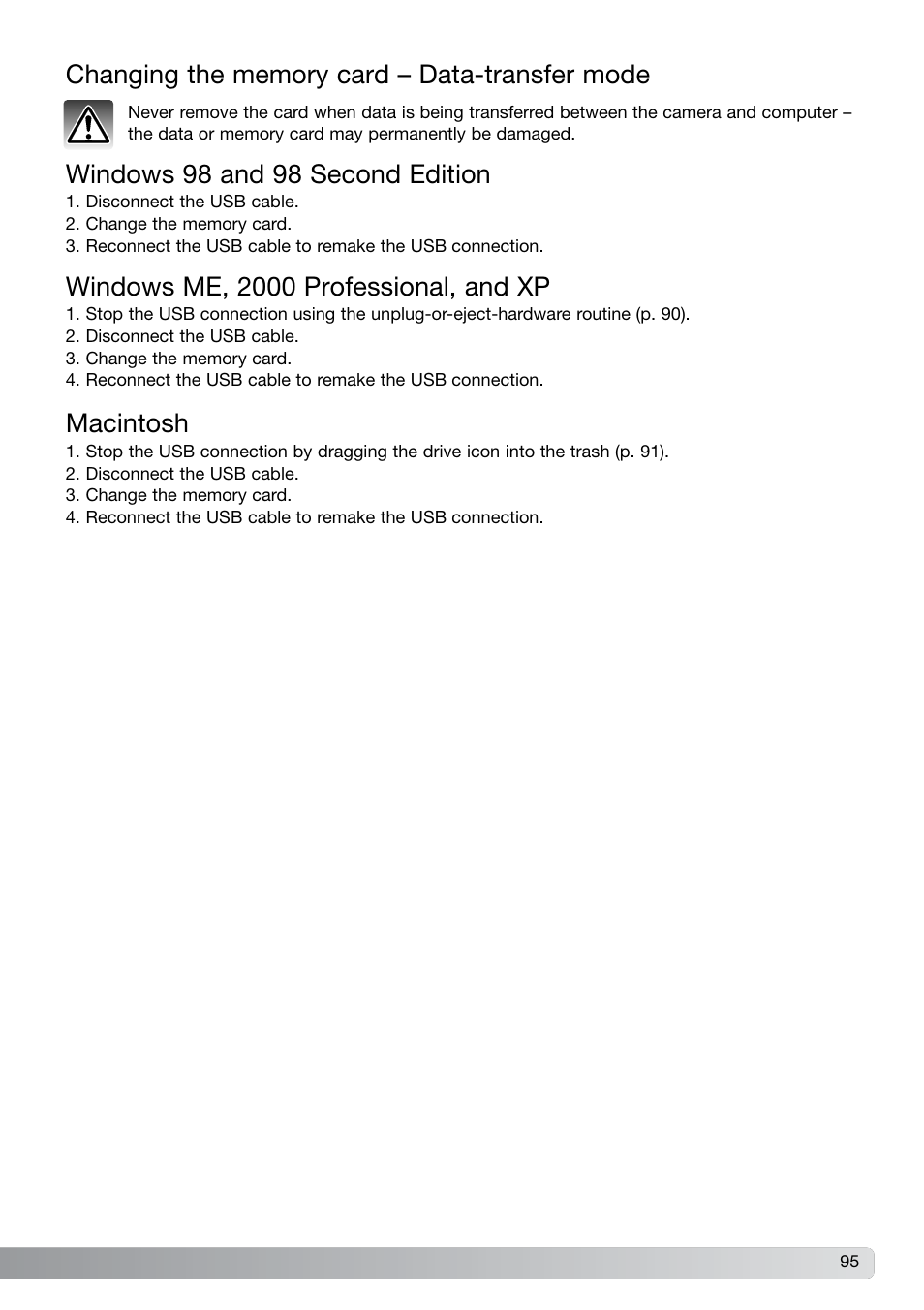 Changing the memory card – data-transfer mode, Windows me, 2000 professional, and xp macintosh | Konica Minolta G600 User Manual | Page 95 / 104