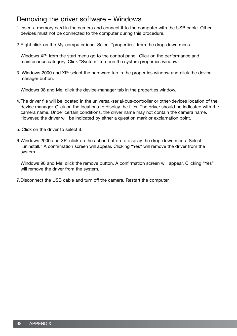 Removing the driver software – windows | Konica Minolta G600 User Manual | Page 98 / 104
