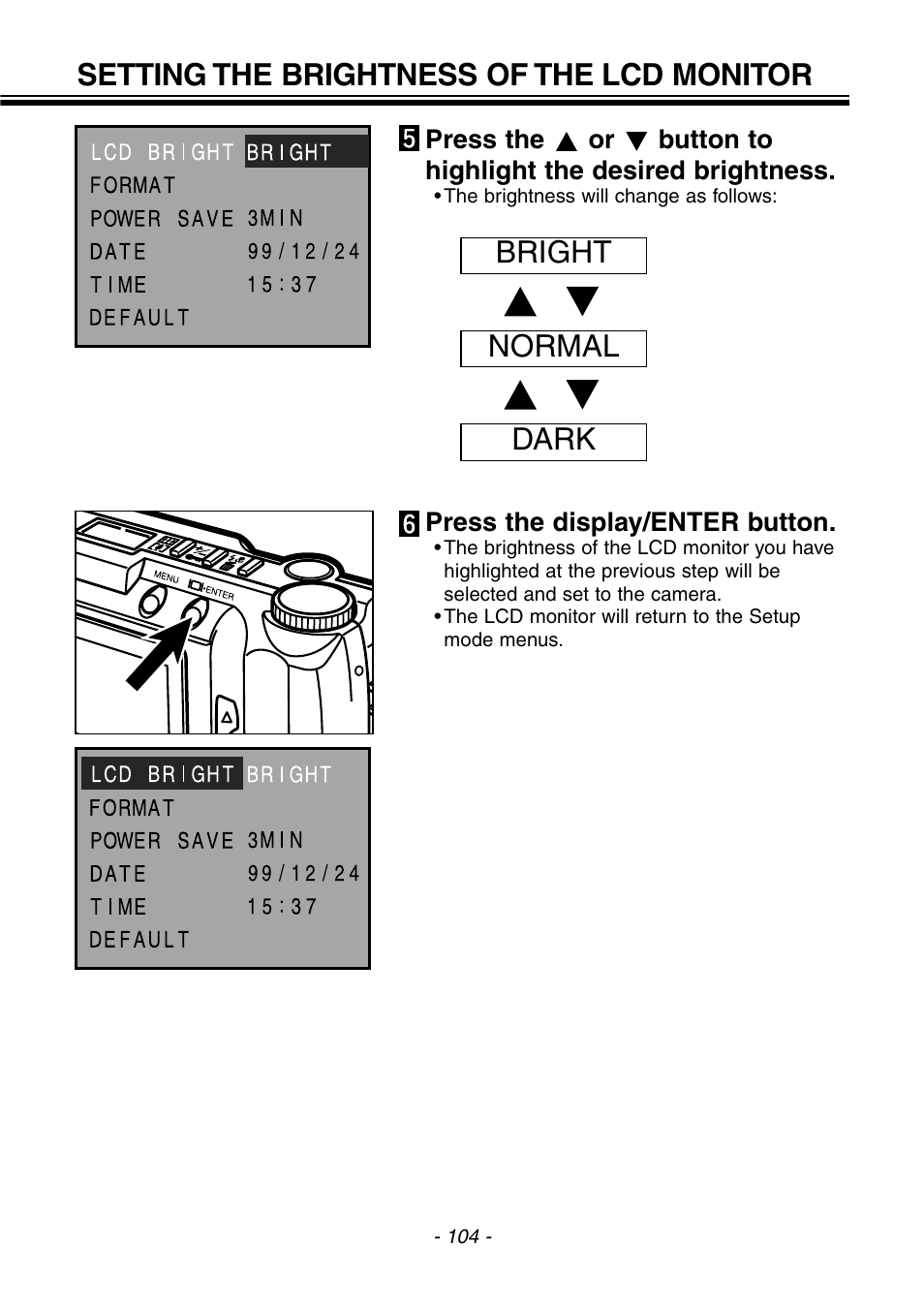 Setting the brightness of the lcd monitor, Bright normal dark | Konica Minolta pmn User Manual | Page 105 / 131