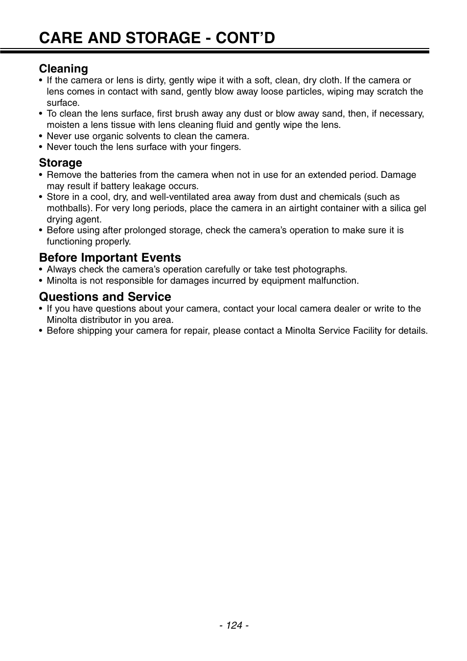 Care and storage - cont’d, Before important events, Questions and service | Konica Minolta pmn User Manual | Page 125 / 131