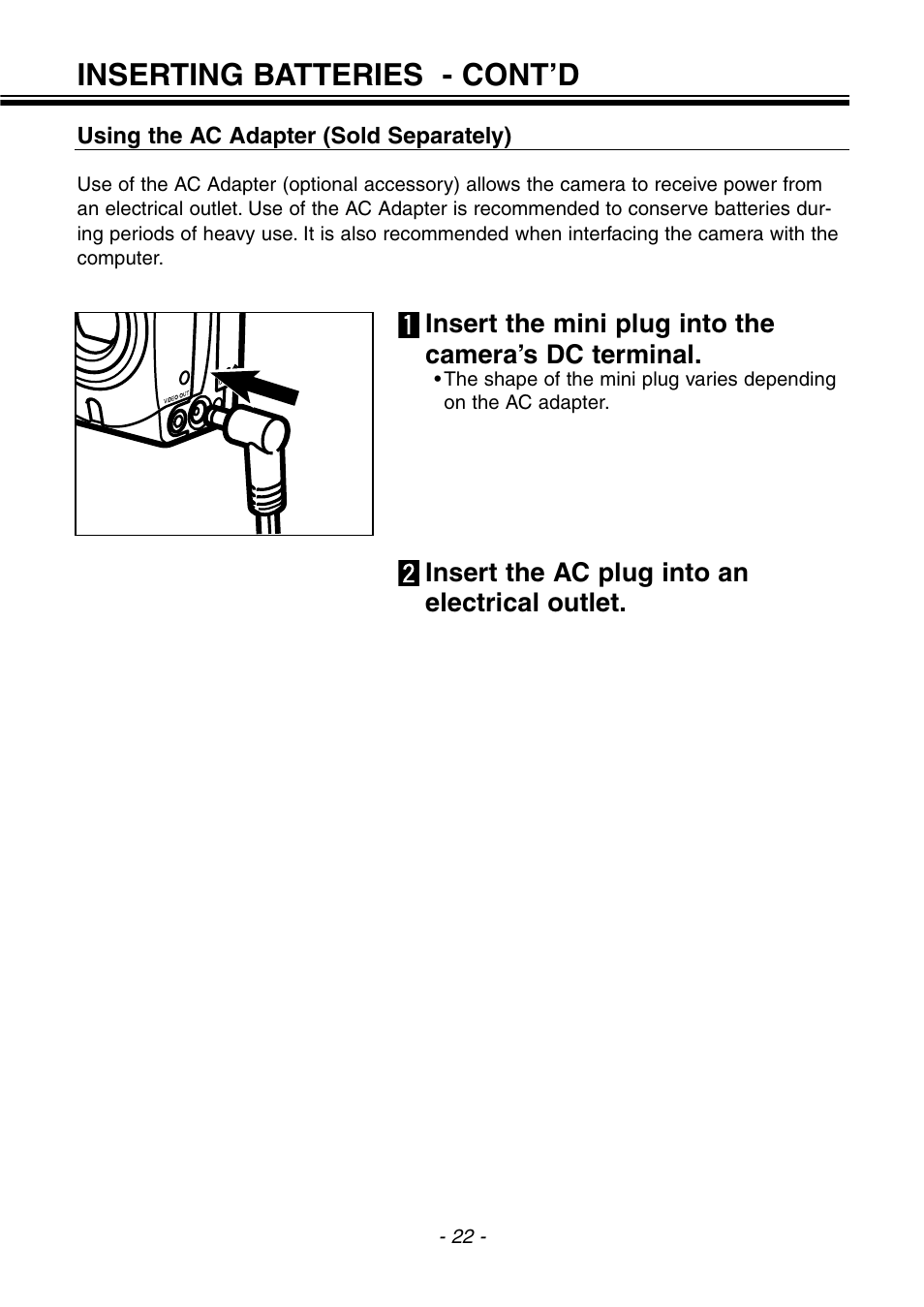 Inserting batteries - cont’d, Insert the mini plug into the camera’s dc terminal, Insert the ac plug into an electrical outlet | Konica Minolta pmn User Manual | Page 23 / 131