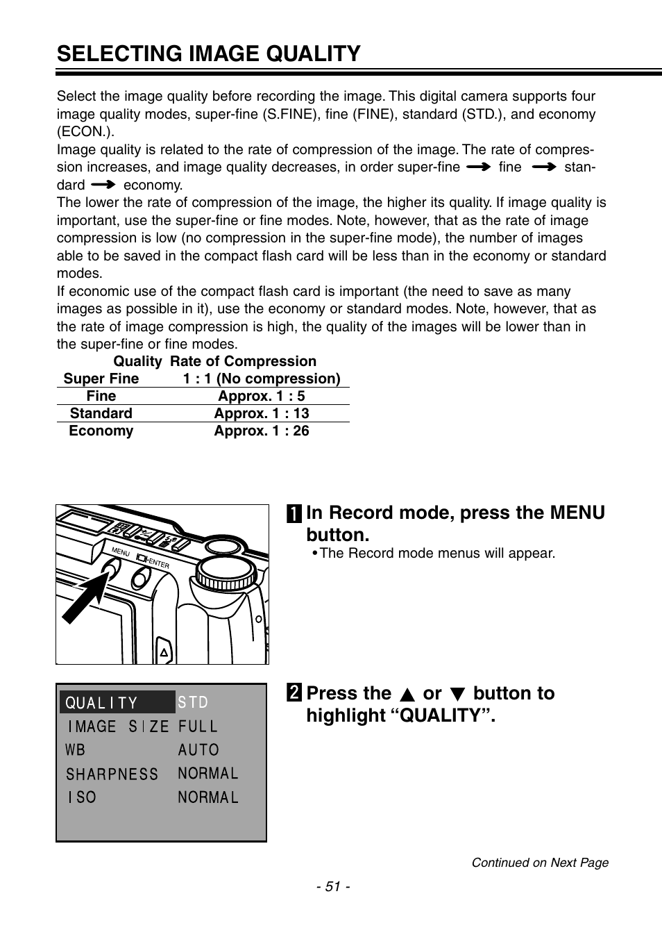 Selecting image quality, Press the or button to highlight “quality | Konica Minolta pmn User Manual | Page 52 / 131