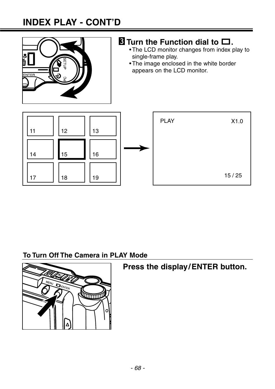 Index play - cont’d, Turn the function dial to, Press the display / enter button | Konica Minolta pmn User Manual | Page 69 / 131