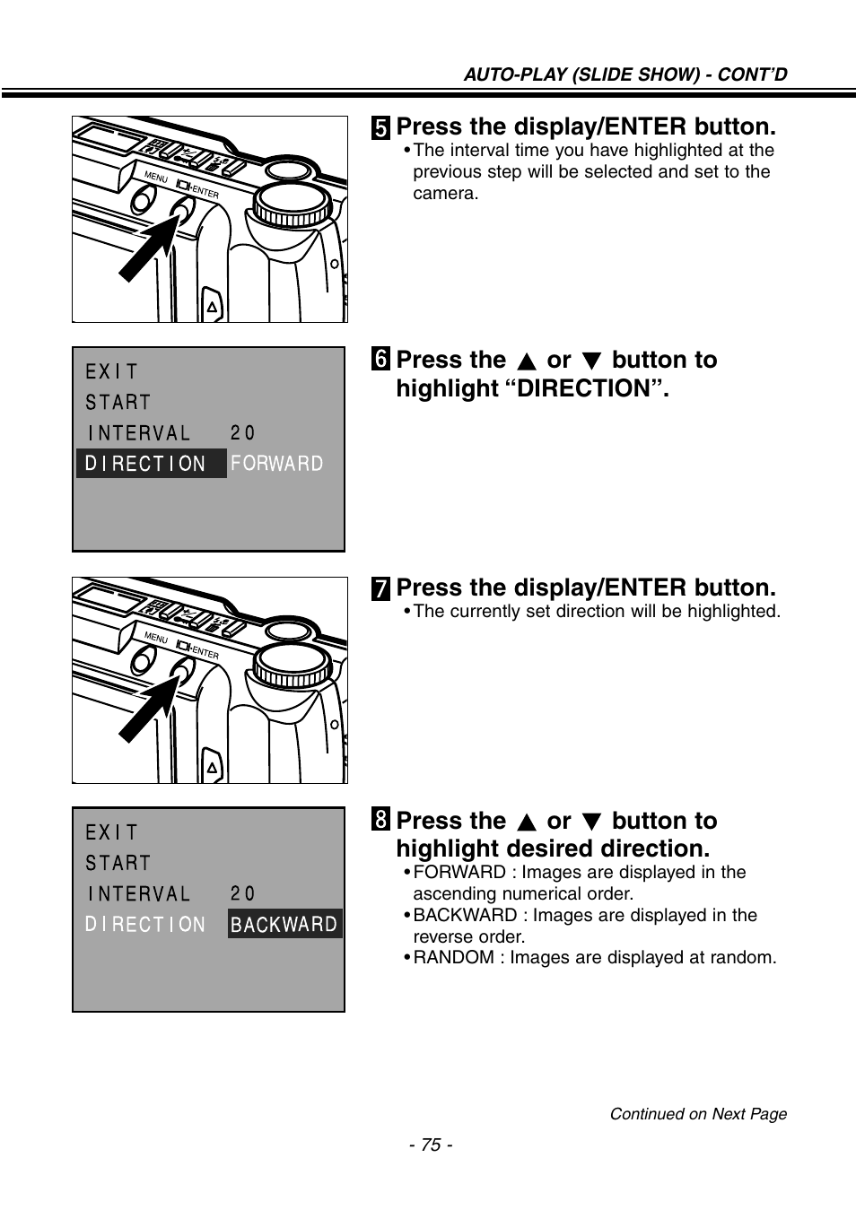 Press the display/enter button, Press the or button to highlight desired direction | Konica Minolta pmn User Manual | Page 76 / 131