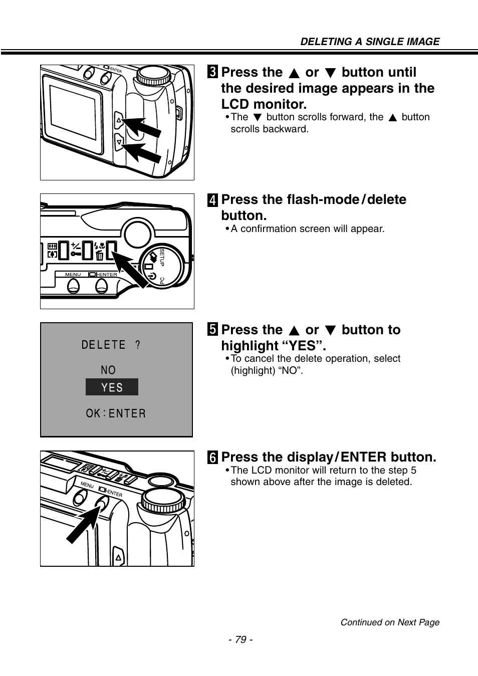 Press the or button to highlight “yes, Press the display / enter button, Press the flash-mode / delete button | Konica Minolta pmn User Manual | Page 80 / 131