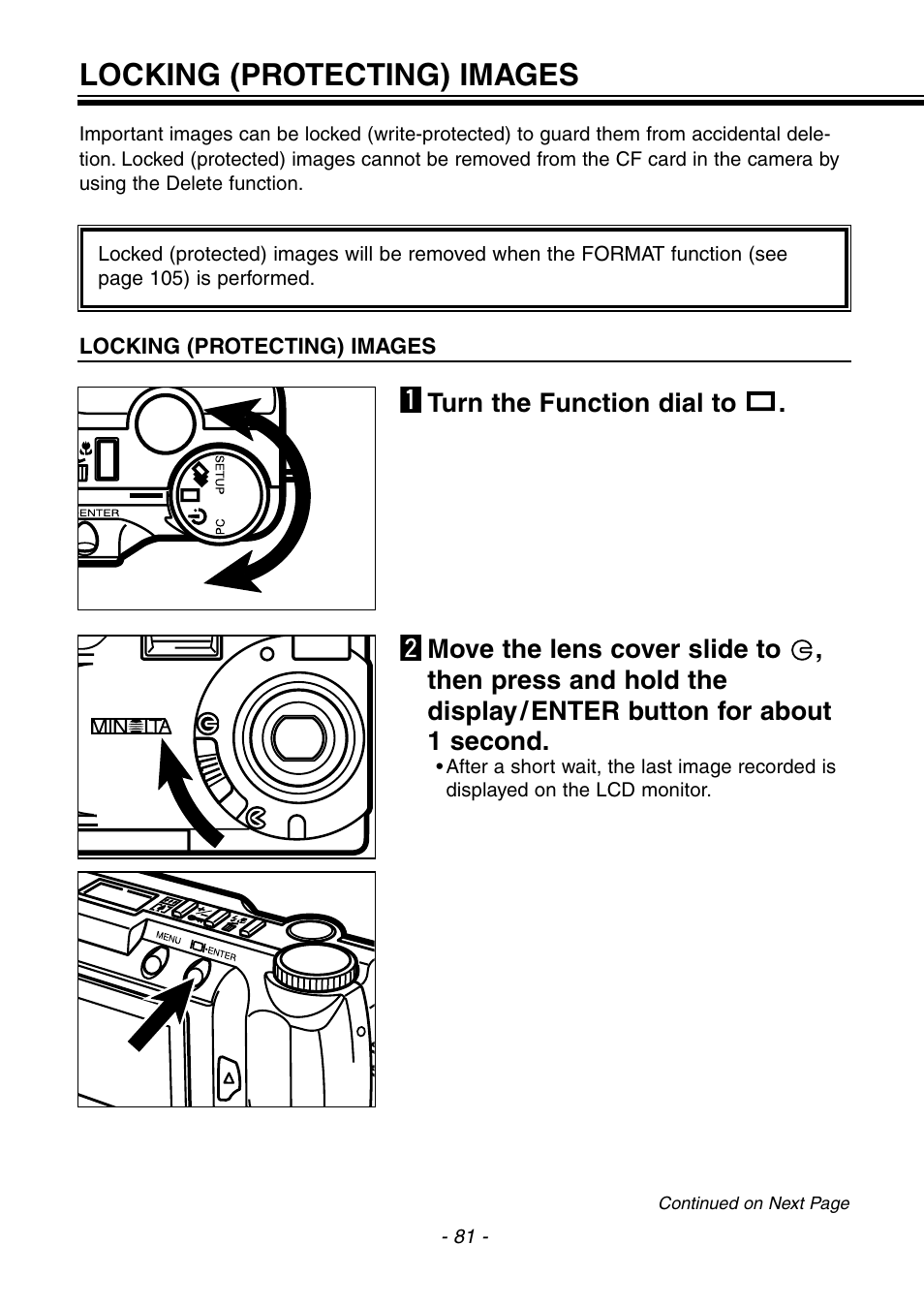 Locking (protecting) images, Turn the function dial to | Konica Minolta pmn User Manual | Page 82 / 131