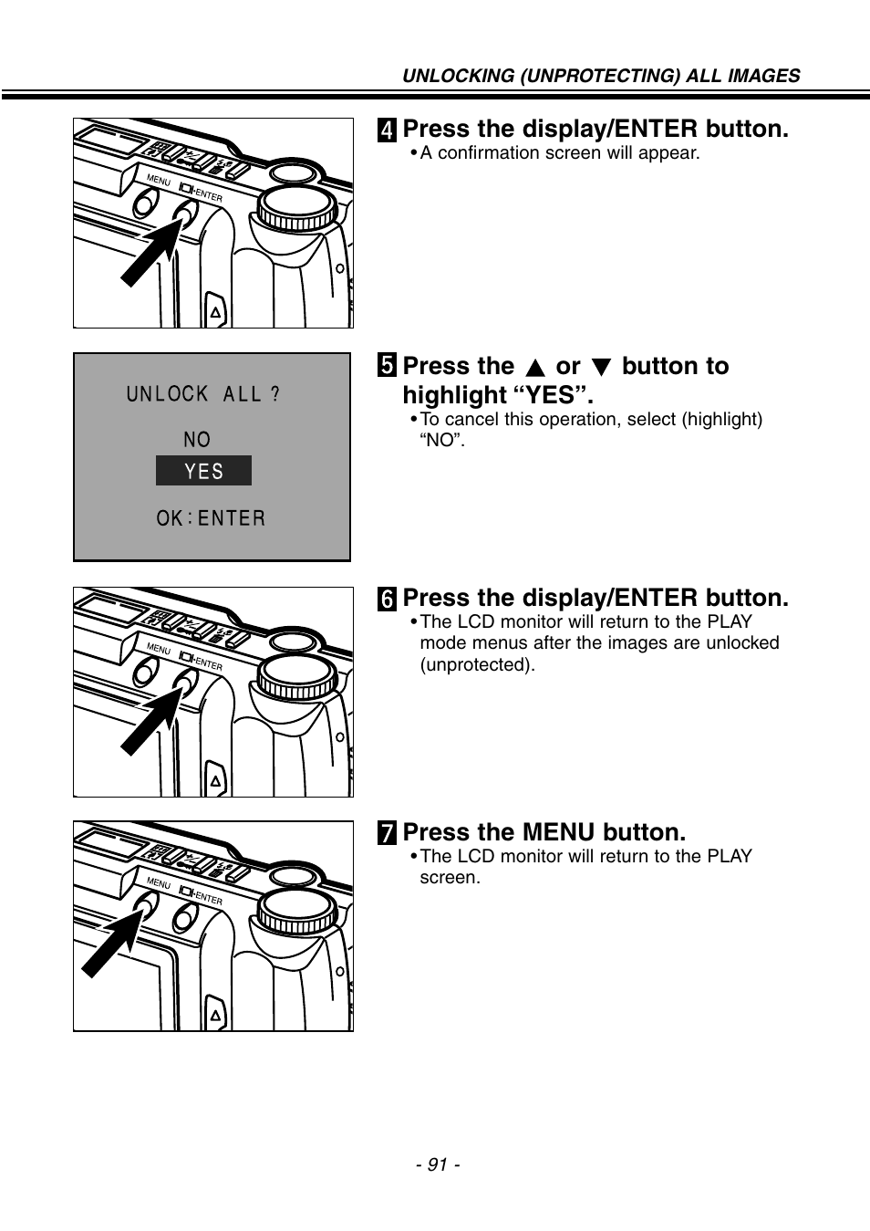 Press the display/enter button, Press the or button to highlight “yes, Press the menu button | Konica Minolta pmn User Manual | Page 92 / 131