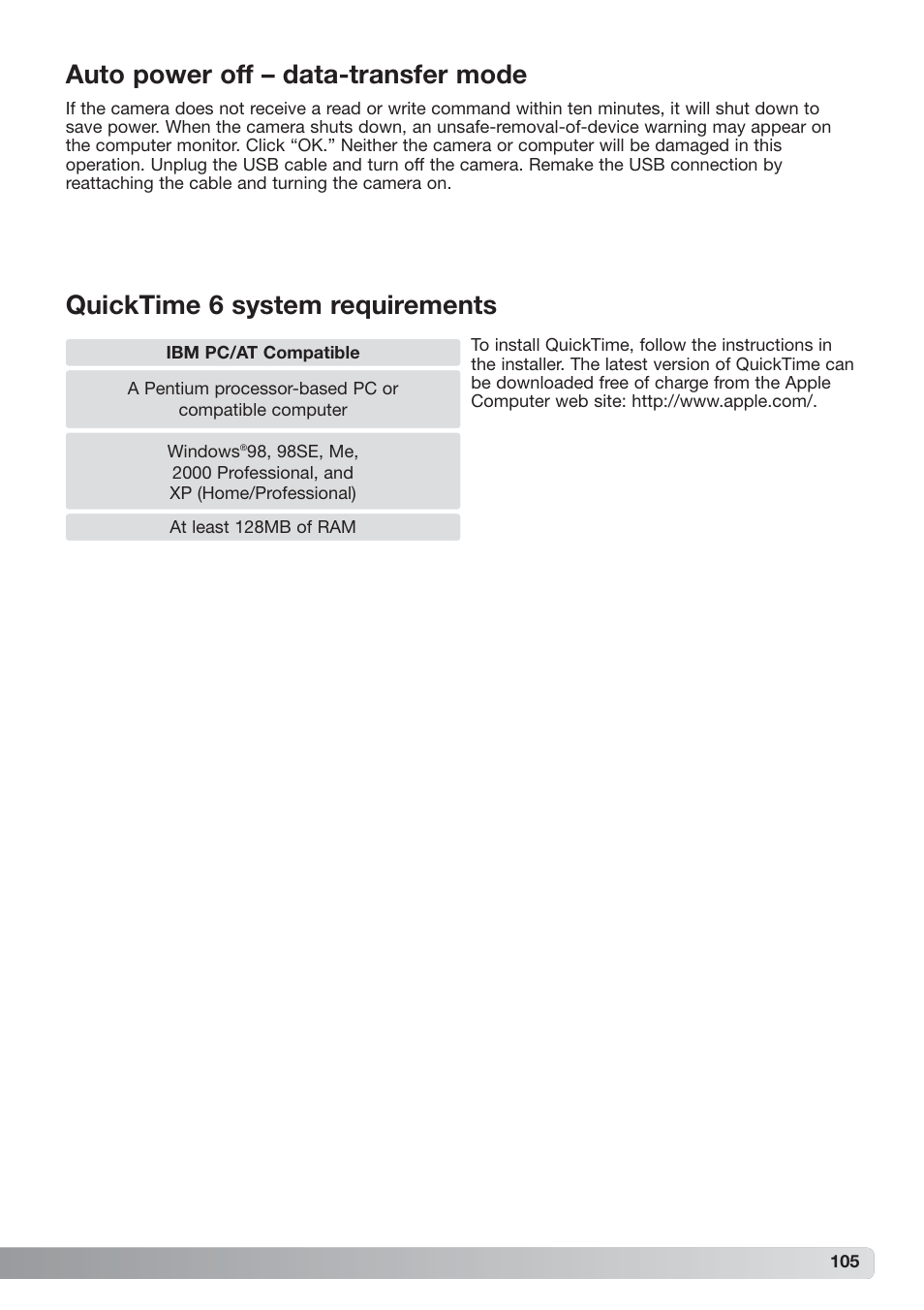 Auto power off – data-transfer mode, Quicktime 6 system requirements | Konica Minolta xg User Manual | Page 105 / 132